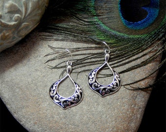 Brighton Inspired Golden Silver Filigree Floral Accented Open Petite Teardrop Earrings - 30463