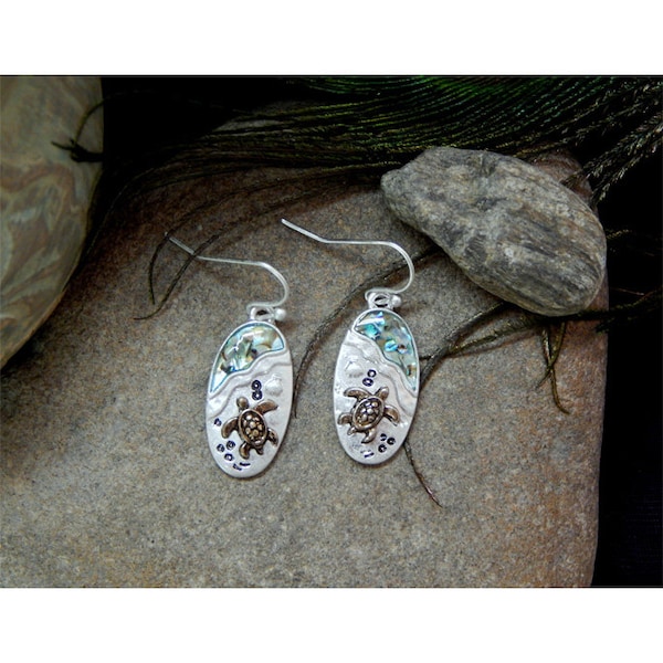 Whimsical Golden Sea Turtles Basking In The Silver Sand With An Ocean Of Natural Inlaid Abalone Shell Fashion Earrings - 30939