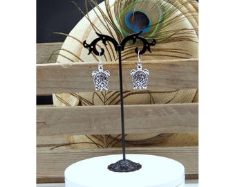 Brighton Inspired Antique Polished Silver & Black Enameled Filigree Swirl Embellished Turtle Drop Earrings - 31542