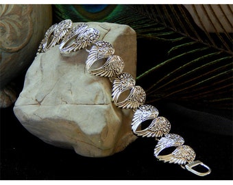 Brighton Inspired Antique Silver Filigree Accented "Angelic Wings" High Fashion Fold Over Magnetic Closure Bracelet - 30407