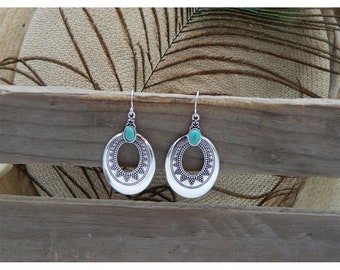 Art Deco Turquoise Gemstone Studded Intricately Embellished Polished Antique Silver Open Oval Fashion Drop Earrings - 32888