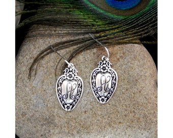 Brighton Inspired Polished Silver & Floral Filigree Embellished Spoon Designed Monogrammed "A" Fashion Earrings - 31364