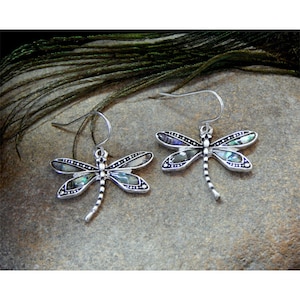 Polished Silver Framed Natural Inlaid Abalone Shell Dragonfly Fashion Drop Earrings - 30493