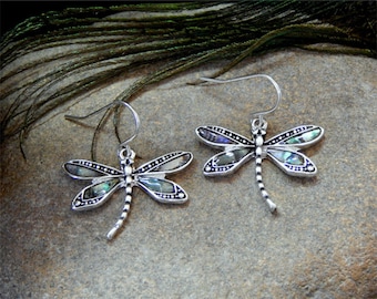 Polished Silver Framed Natural Inlaid Abalone Shell Dragonfly Fashion Drop Earrings - 30493