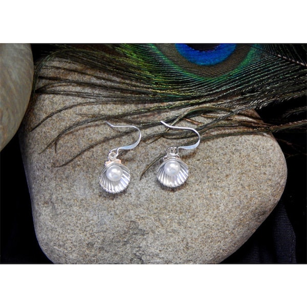 Dainty Polished Silver Fluted Clam Shell & Single White Swarovski Crystal Pearl Fashion Drop Earrings - 31308