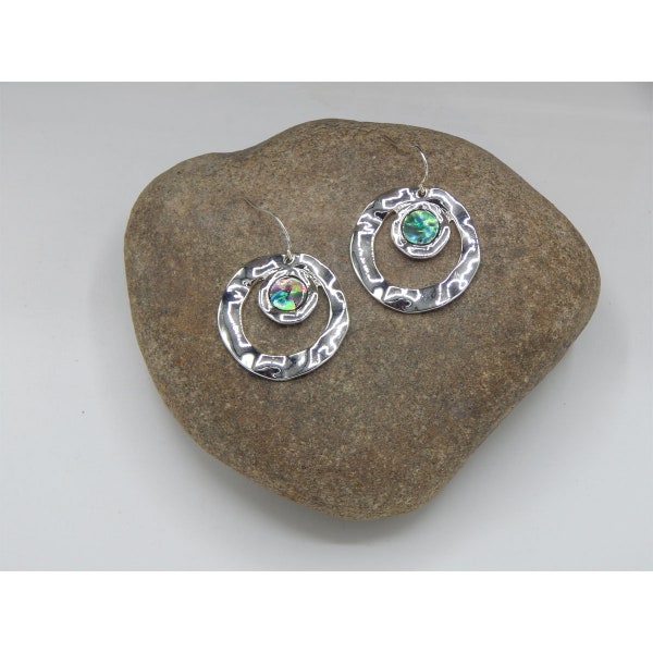 Art Deco Hammered High Polished Silver Open Geometric Double Disk With Inlaid Abalone Shell Designed Fashion Earrings - 30888