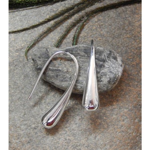 Art Deco Inspired Elegant Elongated Loop Through Polished Silver Teardrop Earrings - Pierced Only- 30156