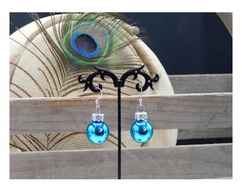 Beautiful Vintage Mirrored Metallic Blue Victorian Christmas Blown Glass Ornament High Fashion Drop Earrings - 31275