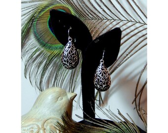 Brighton Inspired Antique Silver Raised Filigree Floral Accented Long High Fashion Teardrop Earrings - PIERCED ONLY - 31976