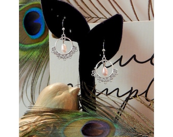 Victorian Inspired Antique Silver Open Swirl Embellished Swarovski Pink Teardrop Pearl High Fashion Earrings - 31749