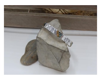 Folk Art Inspired Polished Hammered Silver & Gold Accented Inlaid Natural Abalone Shell "Tree Of Life" Bracelet - 30843