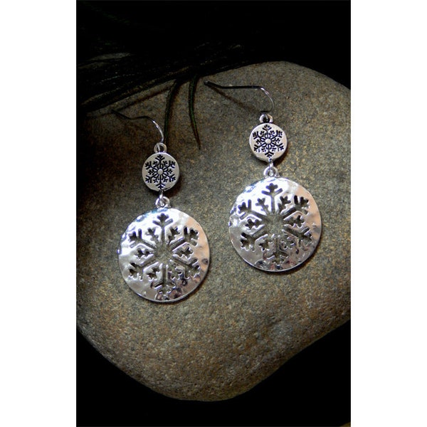 Elegant Long Open Etched Polished Hammered Silver Double Snowflake Drop Fashion Earrings - PIERCED ONLY -30449