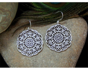 Brighton Inspired Polished Antique Silver Open Floral Filigree Designed Lacy Disk High Fashion Drop Earrings - 30722