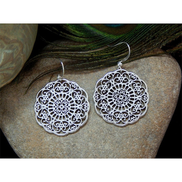 Brighton Inspired Polished Antique Silver Open Floral Filigree Designed Lacy Disk High Fashion Drop Earrings - 30722