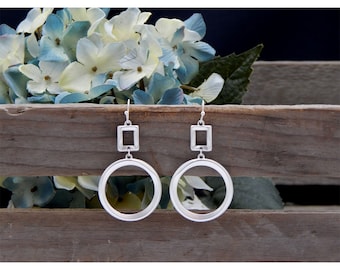 Art Deco Polished Matte Silver Geometric Open Double Circle Square Long Fashion Drop Earrings - PIERCED ONLY - 32730