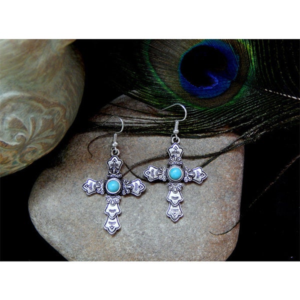 Art Deco Turquoise Gemstone Studded Intricately Embellished Antique Burnished Silver Cross Fashion Drop Earrings - 30998