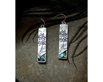 Folk Art Inspired "Tree Of Life"  Elongated Hammered Silver and Gold Accented Long Fashion Earrings With Inlaid Natural Abalone Shell