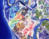 Hedendaagse abstract schilderij van de Spaanse kust van het International Space Station acryl en inkt aan boord van 12 x 10 inch
