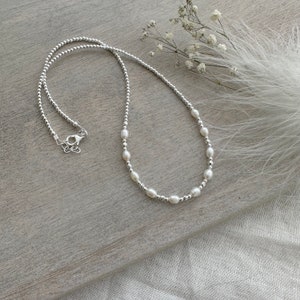 Pearl Sterling Silver Beaded Necklace, June Birthstone oval ivory pearl jewellery made to order, star sign gemini bracelet image 2