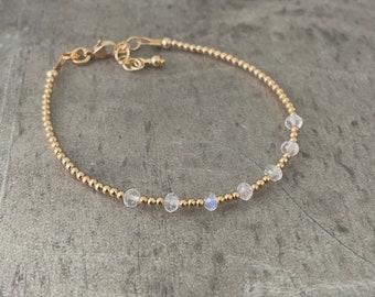 Gold Fill June Birthstone Dainty rainbow moonstone bracelet, stacking Bracelets for Women