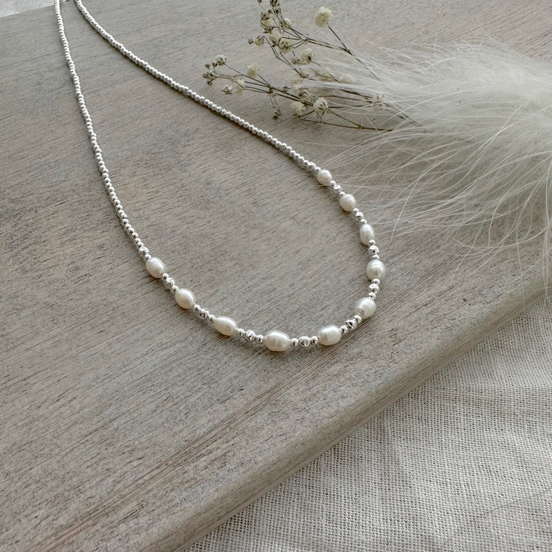 Pearl Sterling Silver Beaded Necklace, June Birthstone oval ivory pearl jewellery made to order, star sign gemini bracelet image 10