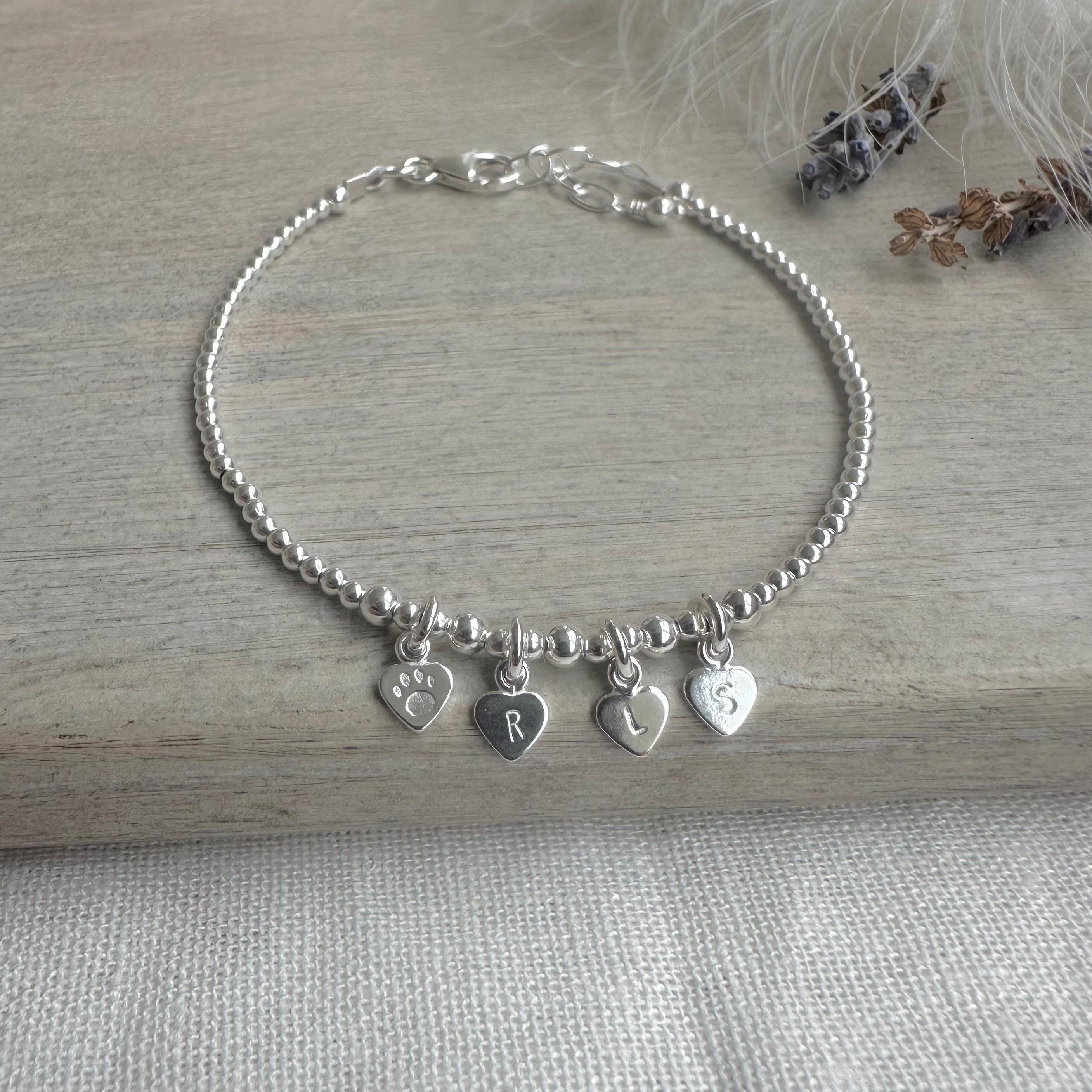 Pet Initials Personalised Initial Bracelet, Name Paw for Cat and Dog lovers gift in Sterling Silver Jewellery for pet Mother’s Day