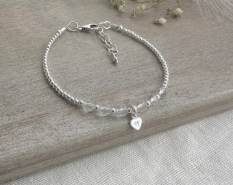 Personalised April Birthstone Bracelet with initial, Dainty Crystal Quartz Jewellery in Sterling Silver