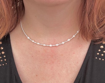 Pearl Sterling Silver Beaded Necklace, June Birthstone oval ivory pearl jewellery made to order