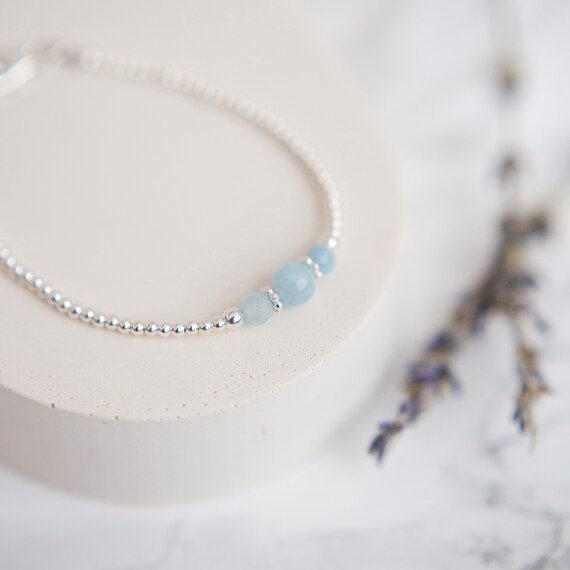 Dainty Aquamarine Bracelet March Birthstone Sterling Silver