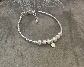 Personalised Pearl Bracelet, Dainty June Birthstone Jewellery in Sterling Silver, Initial Bracelet, Silver Bracelets for Women