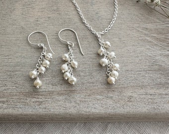 Dainty Pearl Necklace Earring Set for birthday, June Birthstone and Sterling Silver Made to order jewellery gift for women