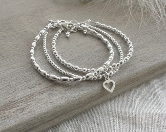 Silver Stacking Bracelet Set, Sterling Silver Bracelets, Heart Charm Bracelets, Silver Bracelet for Women, Layering Bracelets