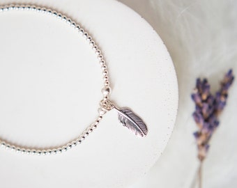 Dainty Silver Feather Bracelet, Sterling Silver Charm Bracelet with Feather, Grief, Remembrance, Angel Jewellery