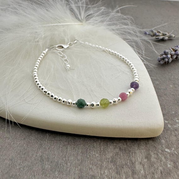 Birthstones Bracelet for Mum, meaningful gift for Mothers Day family birthstone jewellery in 2.5mm sterling silver