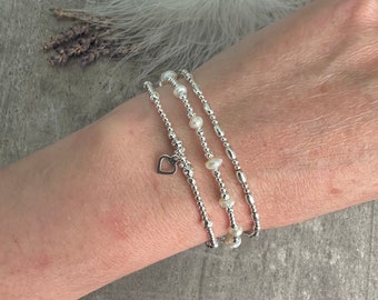 A Dainty June Birthstone Pearl Bracelet Set, June Stacking Bracelets for Women in Sterling Silver