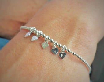 Family Initials Personalised Bracelet, Gift for mums, Sterling silver Mini Hearts Charm Jewellery