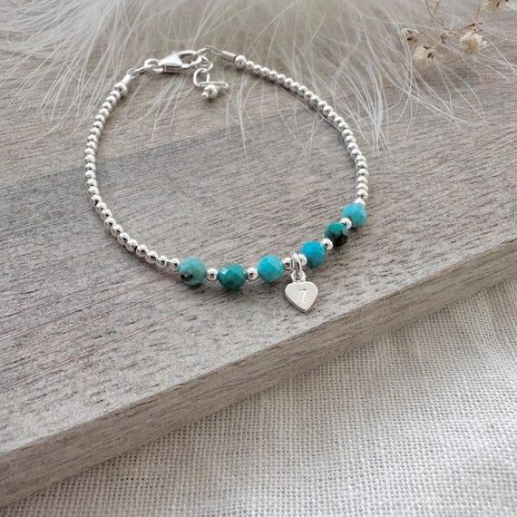 Personalised Turquoise Initial Bracelet, Dainty December Birthstone Jewellery in Sterling Silver for Women Birthday
