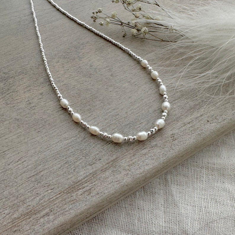 Pearl Sterling Silver Beaded Necklace, June Birthstone oval ivory pearl jewellery made to order, star sign gemini bracelet image 3