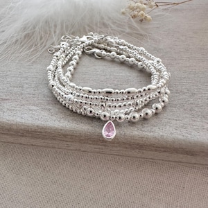 Sterling Silver 5 Bracelet Stacking bracelets, Cubic zirconia Birthstone Jewellery Set for Birthday gift