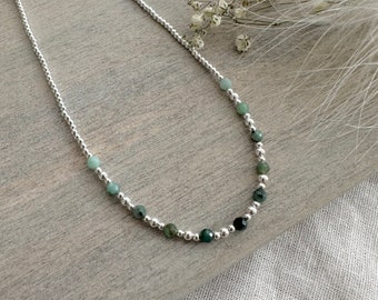 Ombré Green Emerald Bead Necklace in sterling silver, May Birthstone, dainty beaded birthday gift