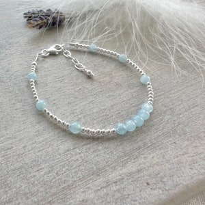 Dainty Aquamarine Bracelet in Sterling Silver, March Birthstone, Thin aqua gemstone bracelet, stacking bracelet, Aquamarine Jewellery