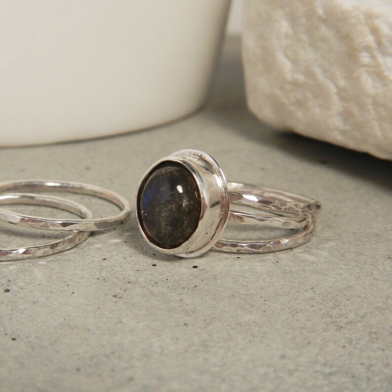 Sterling Silver Hammered Jewelry Hand Made in Canada Size 7 Labradorite Stacking Ring Set