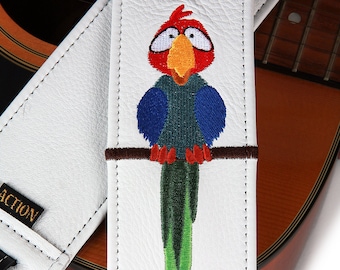 Parrot on White Leather Guitar Strap