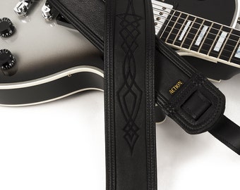 Soft Black Leather Guitar Strap with Black Pinstriping - Stealth