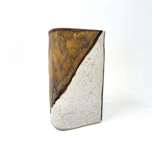 May include: A rectangular ceramic vase with a distinctive design. The vase is split diagonally, with one side in textured, earthy brown and the other in speckled white. The top rim is a darker brown.