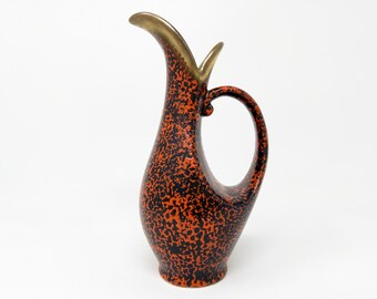Vintage Vase Ü-Keramik – 1950s Mid Century Modernist – Red Black & Golden Fat Lava Glaze – Uebelacker – Elegant + Impressive – Form 404
