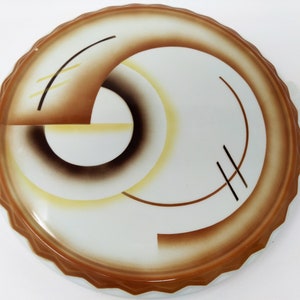Large Cake Plate – Bauhaus Art Deco 1920s Constructivism – Abstract Spray Decor – Brown Yellow Platter – Vintage German Grünstadt Stoneware