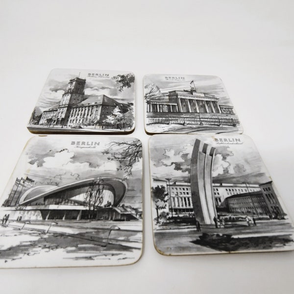 4 Coasters Berlin Vintage 1960s Barware – Mid Century Modernism Architecture – Black & White Artwork – 4 Different Motives – Cork + Melamine