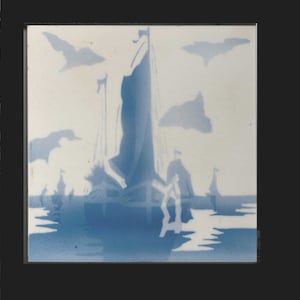 Antique Tile Art Nouveau Boizenburg Keramik – Light Blue + White Sailing Ships – Historic 1900 1910 German Art Deco – rare faience