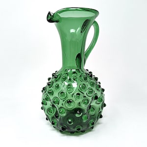 Jug Vase Empoli Verde Italy – Sapphire Green Hobnail Glass – 1950s 1960s Mid Century Italian Design – Eye Catching Pitcher – 8.66&quot; Tall